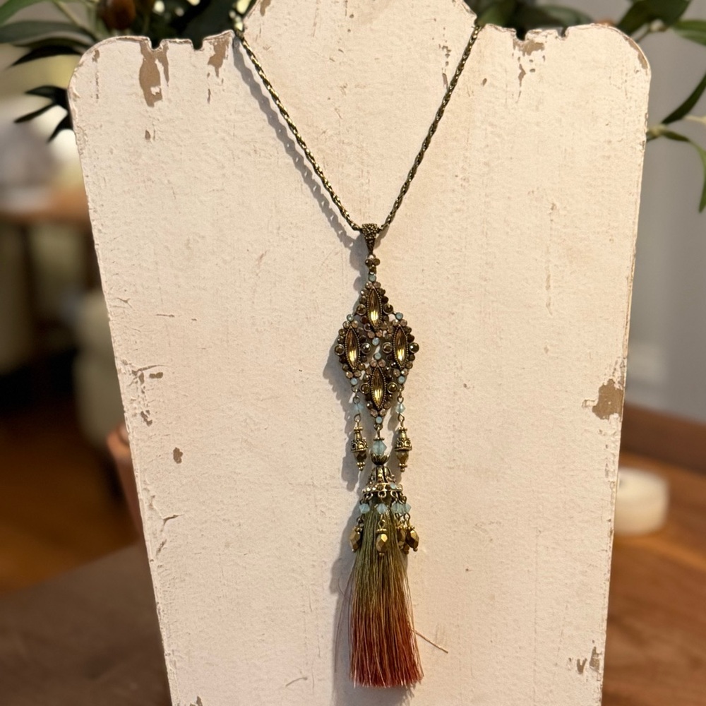 Michal Negrin Ornate Bronze and Teal Necklace 22"